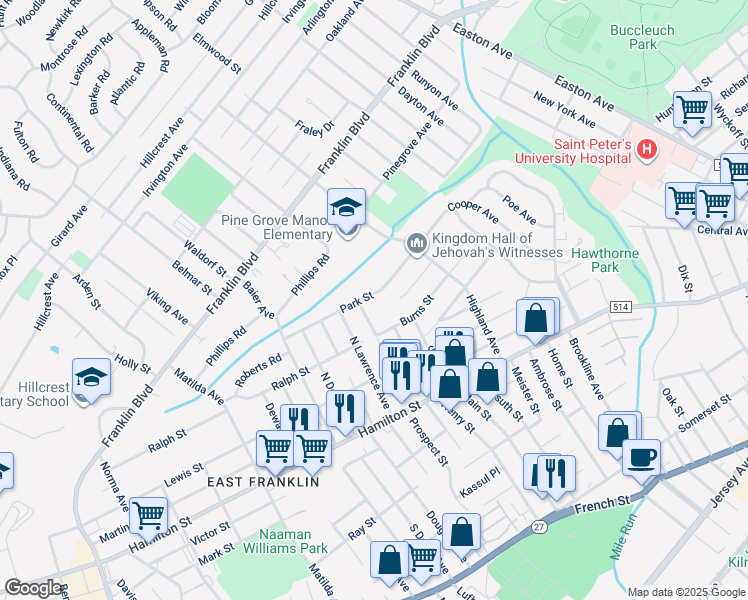 map of restaurants, bars, coffee shops, grocery stores, and more near 206 Park Street in Franklin Township
