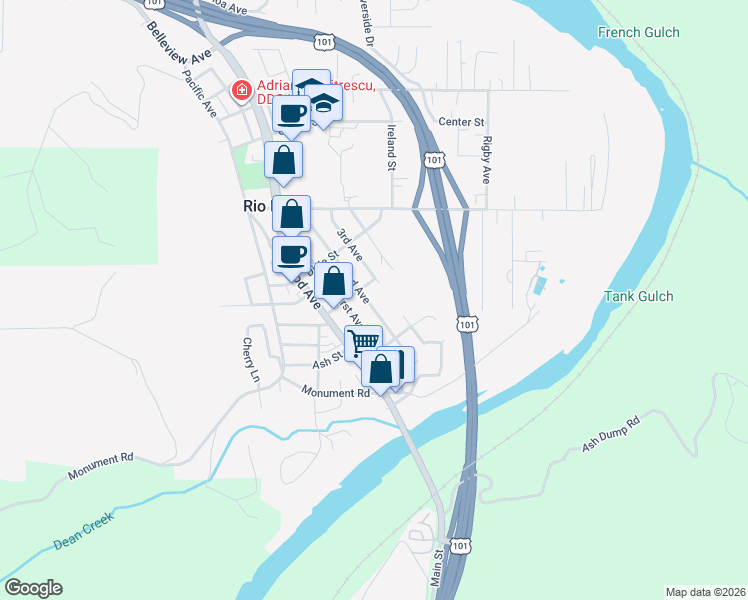 map of restaurants, bars, coffee shops, grocery stores, and more near 314 1st Avenue in Rio Dell