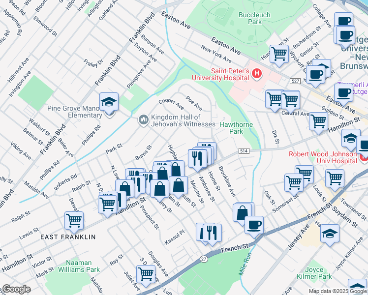 map of restaurants, bars, coffee shops, grocery stores, and more near 140 Green Street in Franklin Township