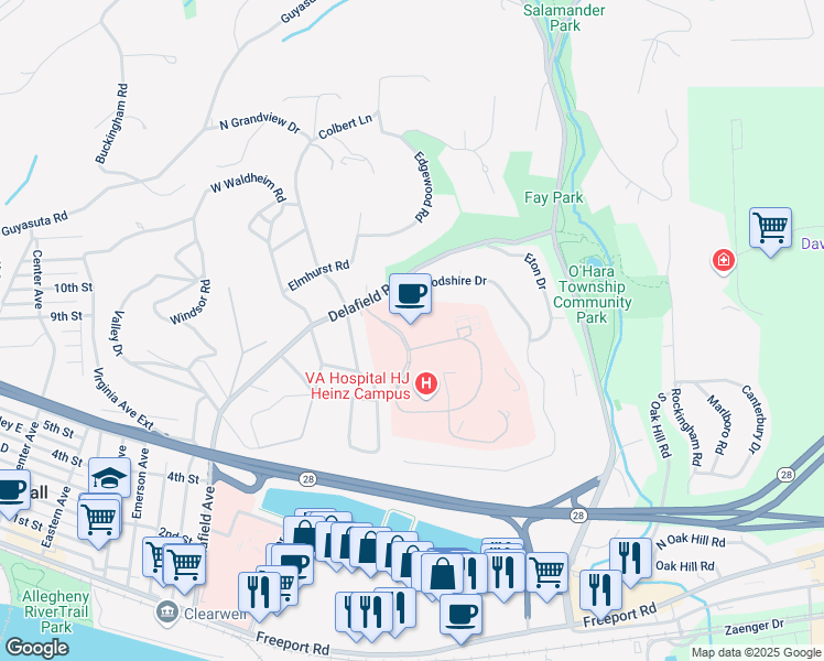 map of restaurants, bars, coffee shops, grocery stores, and more near 1010 Delafield Road in Pittsburgh
