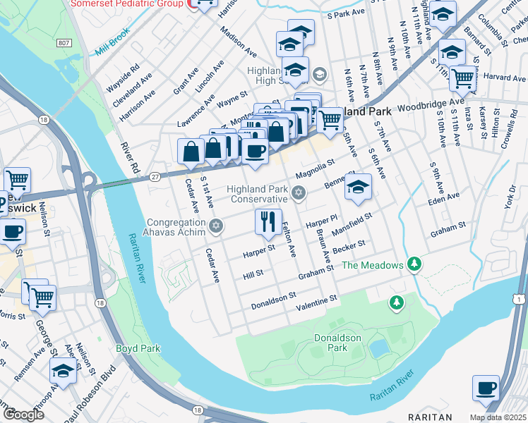 map of restaurants, bars, coffee shops, grocery stores, and more near 201 South 2nd Avenue in Highland Park