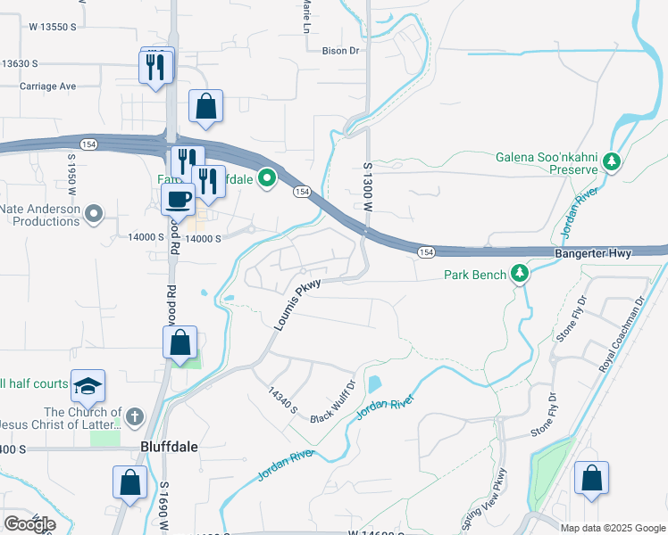 map of restaurants, bars, coffee shops, grocery stores, and more near 14043 Bridgeview Court in Riverton