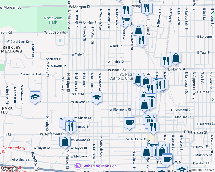 map of restaurants, bars, coffee shops, grocery stores, and more near 1210 North Wabash Street in Kokomo