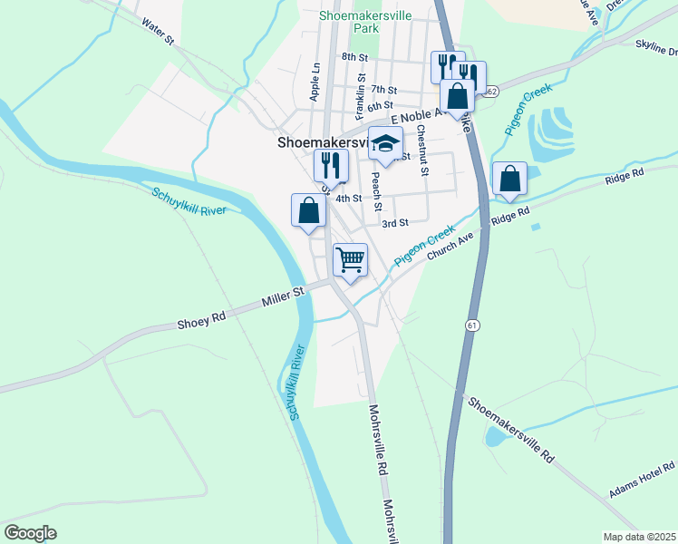 map of restaurants, bars, coffee shops, grocery stores, and more near 254 Canal Street in Shoemakersville