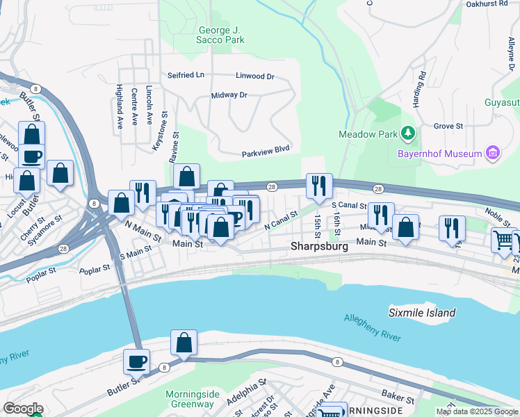 map of restaurants, bars, coffee shops, grocery stores, and more near 1202 Penn Street in Pittsburgh