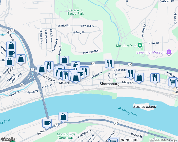 map of restaurants, bars, coffee shops, grocery stores, and more near 101 Sisca Street in Pittsburgh