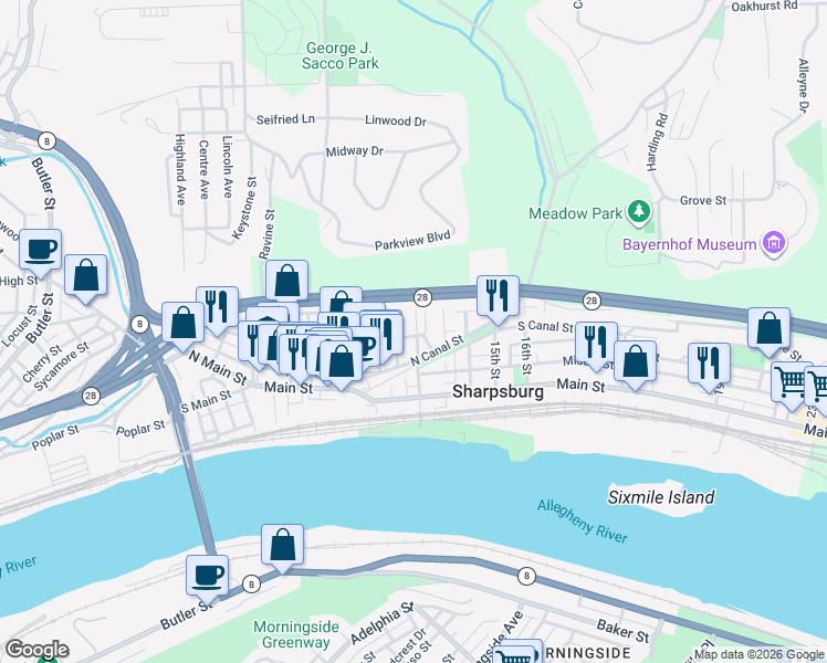map of restaurants, bars, coffee shops, grocery stores, and more near 318 Roosevelt Way in Pittsburgh