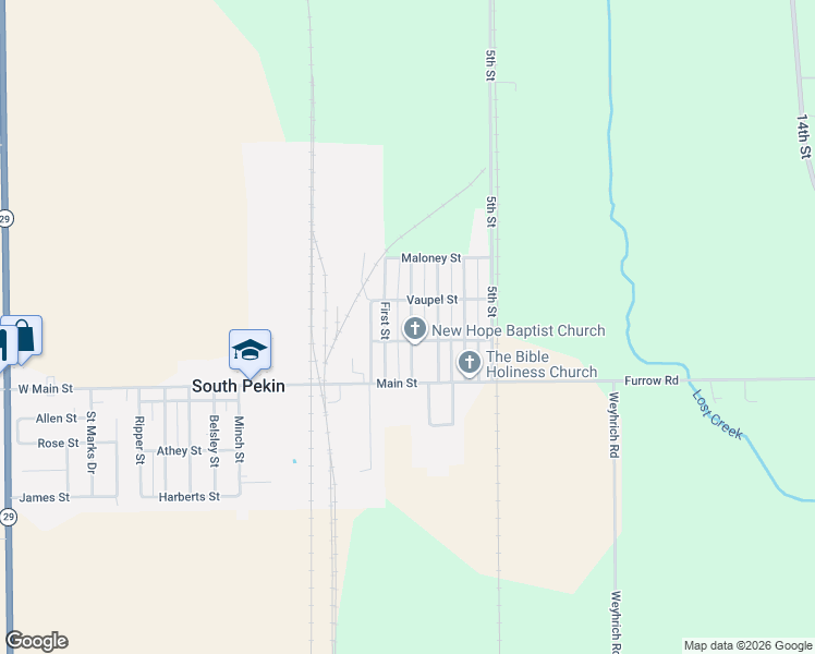 map of restaurants, bars, coffee shops, grocery stores, and more near 205 North 2nd Street in Pekin