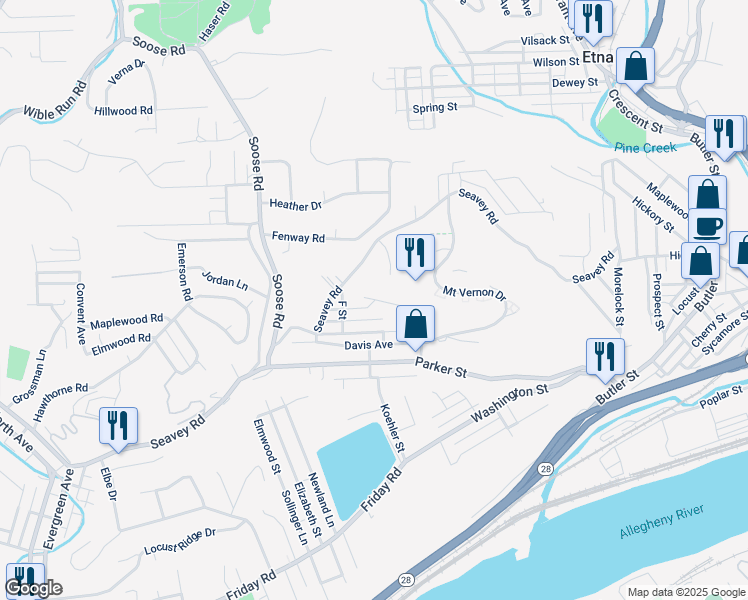 map of restaurants, bars, coffee shops, grocery stores, and more near 244 E Street in Pittsburgh
