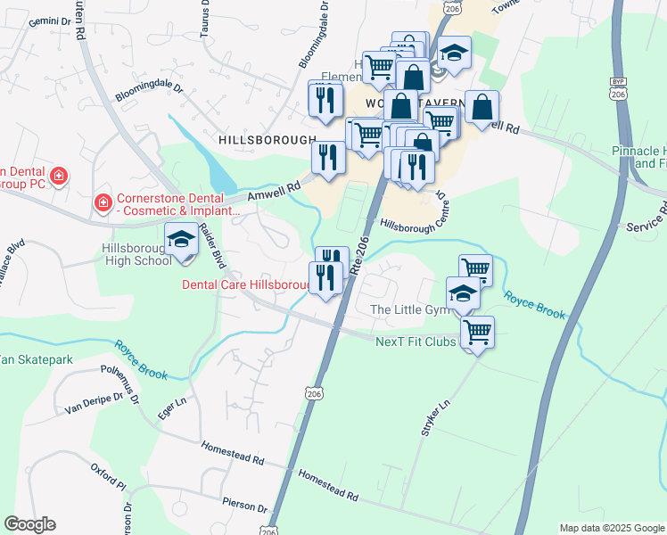 map of restaurants, bars, coffee shops, grocery stores, and more near 672 U.S. 206 in Somerset County