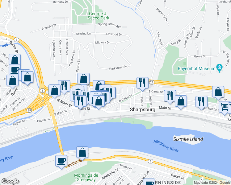 map of restaurants, bars, coffee shops, grocery stores, and more near 101 Sisca Street in Pittsburgh
