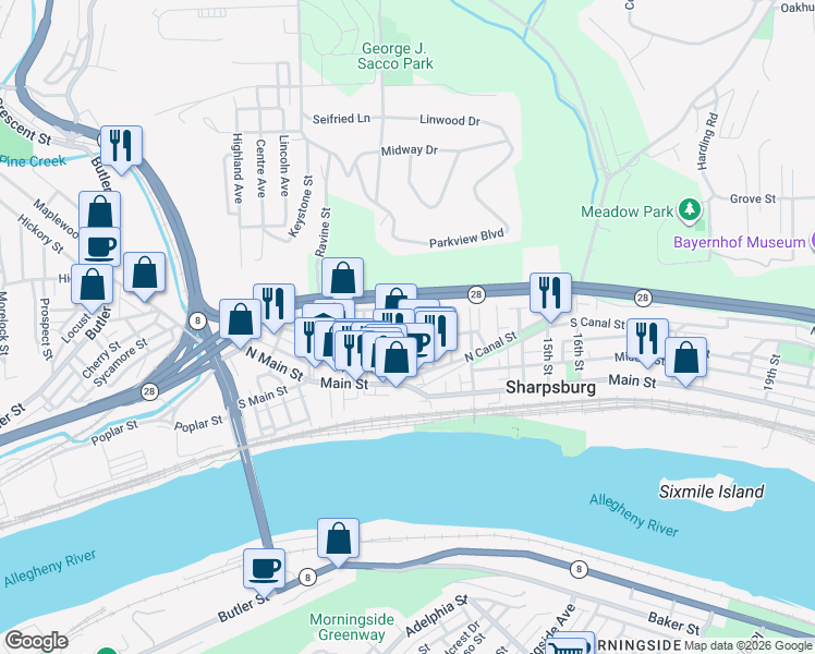 map of restaurants, bars, coffee shops, grocery stores, and more near 1014 High Street in Pittsburgh