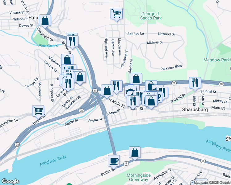 map of restaurants, bars, coffee shops, grocery stores, and more near 130 Penn Street in Pittsburgh