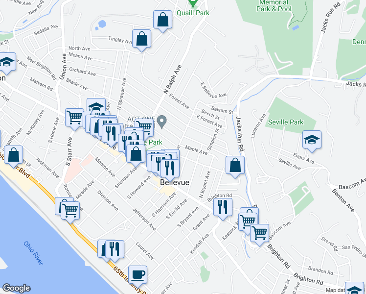 map of restaurants, bars, coffee shops, grocery stores, and more near 104 North Fremont Avenue in Pittsburgh