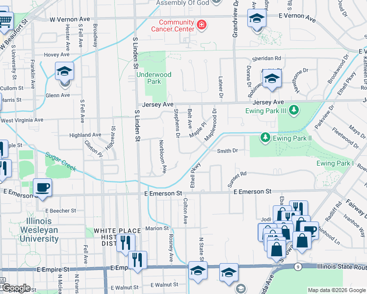 map of restaurants, bars, coffee shops, grocery stores, and more near 1209 Stephens Drive in Normal