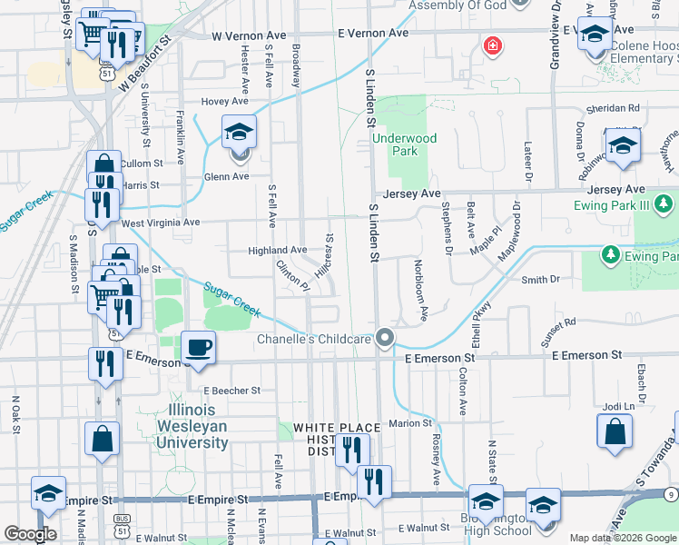 map of restaurants, bars, coffee shops, grocery stores, and more near 1301 South Linden Street in Normal