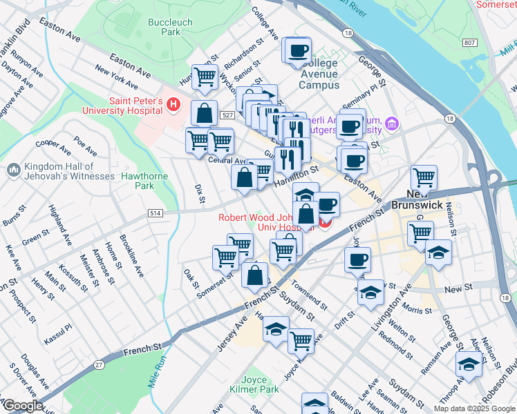 map of restaurants, bars, coffee shops, grocery stores, and more near 206 Hamilton Street in New Brunswick