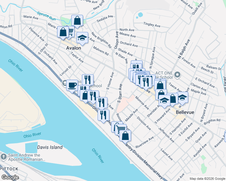 map of restaurants, bars, coffee shops, grocery stores, and more near 306 South Home Avenue in Pittsburgh