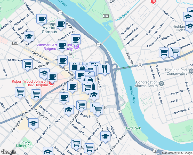 map of restaurants, bars, coffee shops, grocery stores, and more near 61 Church Street in New Brunswick