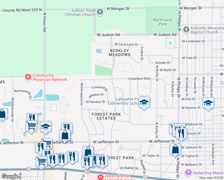 map of restaurants, bars, coffee shops, grocery stores, and more near 1113 North Berkley Road in Kokomo