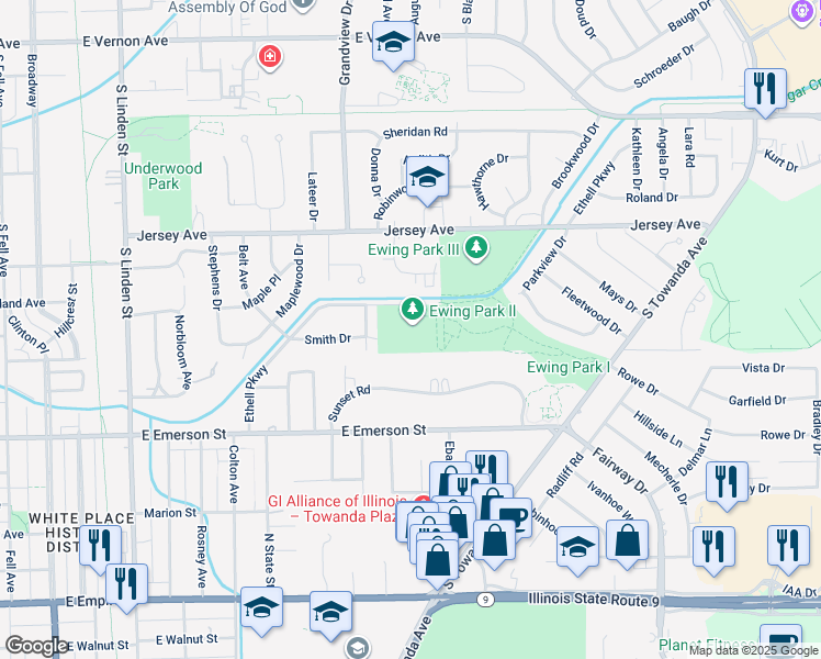 map of restaurants, bars, coffee shops, grocery stores, and more near 1001 Ethell Parkway in Bloomington