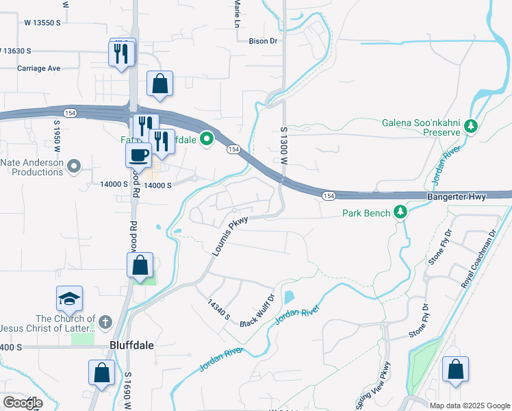 map of restaurants, bars, coffee shops, grocery stores, and more near 14035 Marketview Drive in Bluffdale