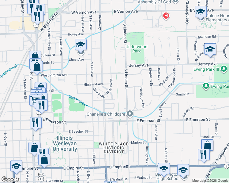 map of restaurants, bars, coffee shops, grocery stores, and more near 1301 South Linden Street in Normal