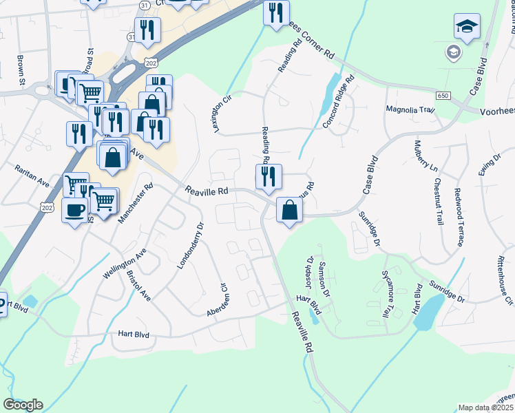 map of restaurants, bars, coffee shops, grocery stores, and more near 610 Wheatfield Court in Flemington