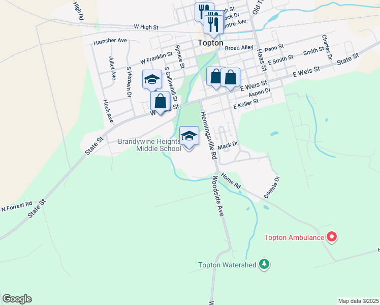map of restaurants, bars, coffee shops, grocery stores, and more near 200 West Weis Street in Topton