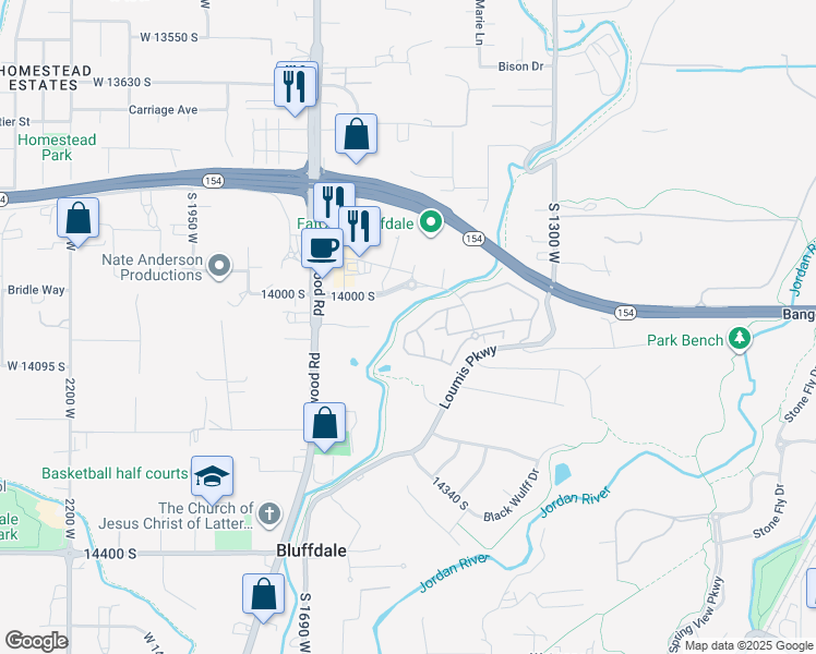 map of restaurants, bars, coffee shops, grocery stores, and more near 1548 Cabernet Drive in Bluffdale
