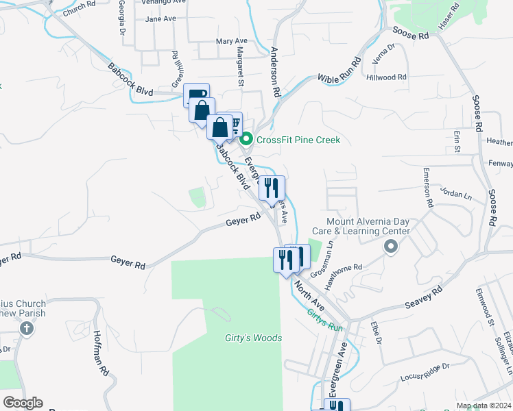 map of restaurants, bars, coffee shops, grocery stores, and more near 1411 Babcock Boulevard in Pittsburgh