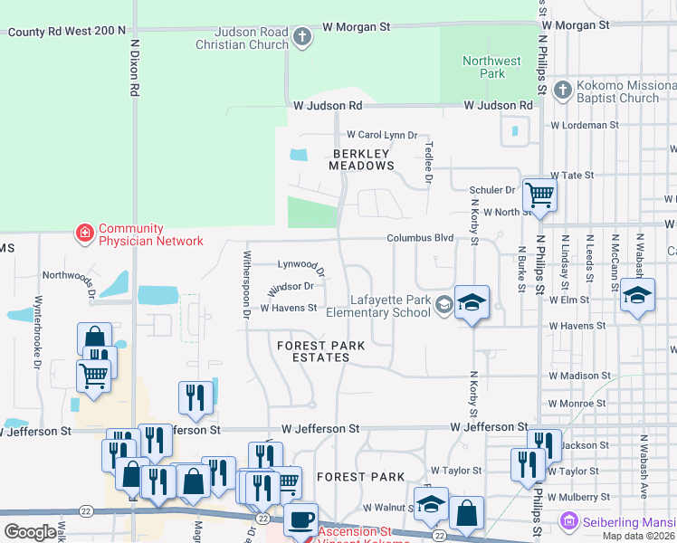 map of restaurants, bars, coffee shops, grocery stores, and more near 1113 North Berkley Road in Kokomo