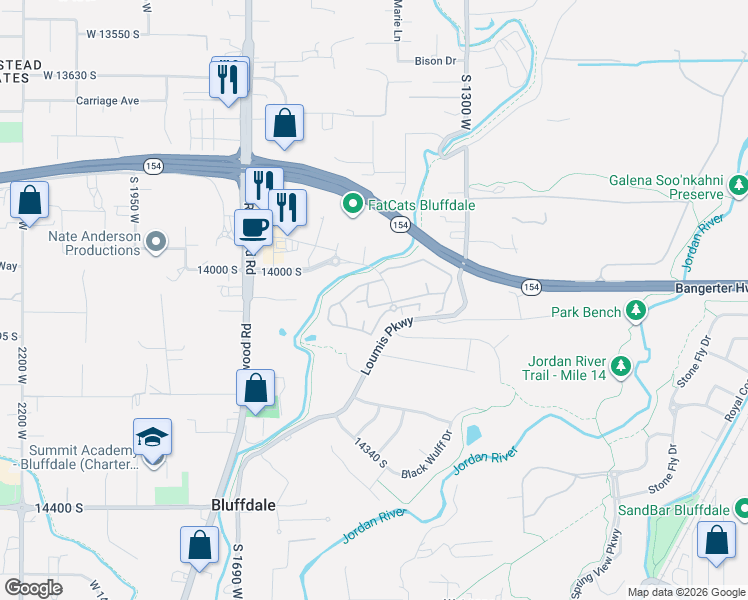 map of restaurants, bars, coffee shops, grocery stores, and more near 1476 Brunello Drive in Bluffdale