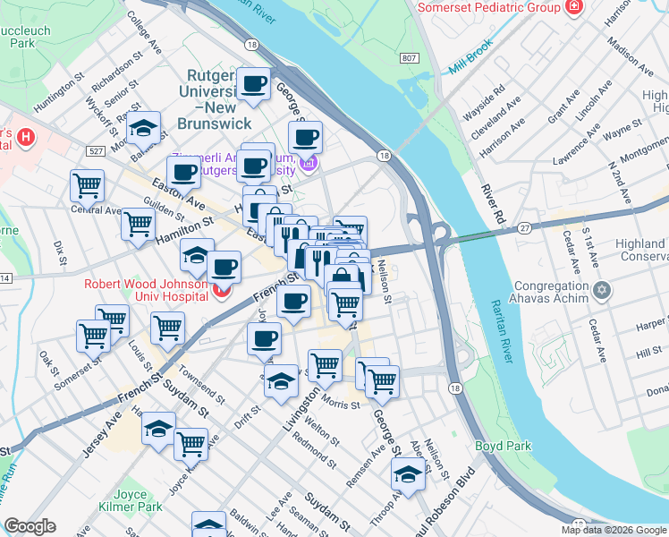 map of restaurants, bars, coffee shops, grocery stores, and more near in New Brunswick