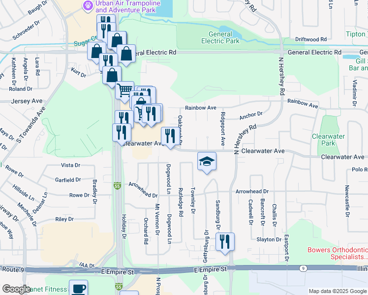 map of restaurants, bars, coffee shops, grocery stores, and more near 1802 Clearwater Avenue in Bloomington