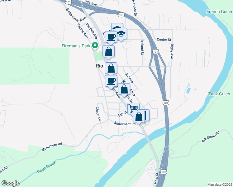 map of restaurants, bars, coffee shops, grocery stores, and more near 609 Wildwood Avenue in Rio Dell