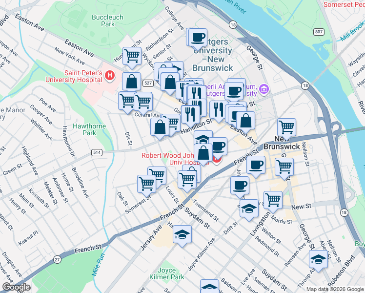 map of restaurants, bars, coffee shops, grocery stores, and more near 48 Division Street in New Brunswick