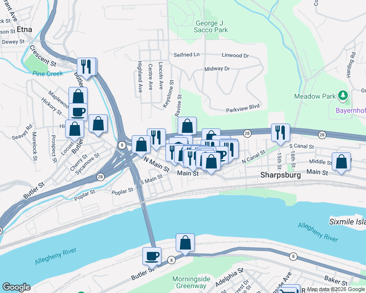 map of restaurants, bars, coffee shops, grocery stores, and more near 323 8th Street in Pittsburgh