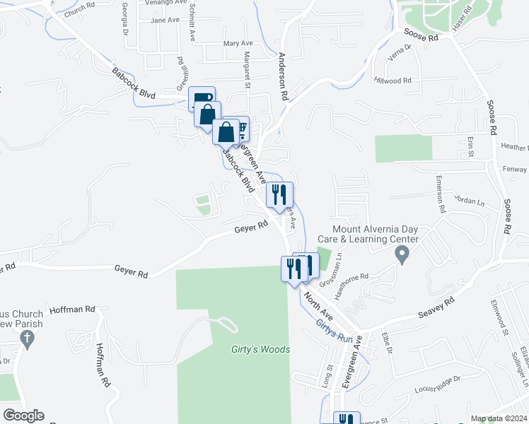 map of restaurants, bars, coffee shops, grocery stores, and more near 1427 Evergreen Road in Pittsburgh