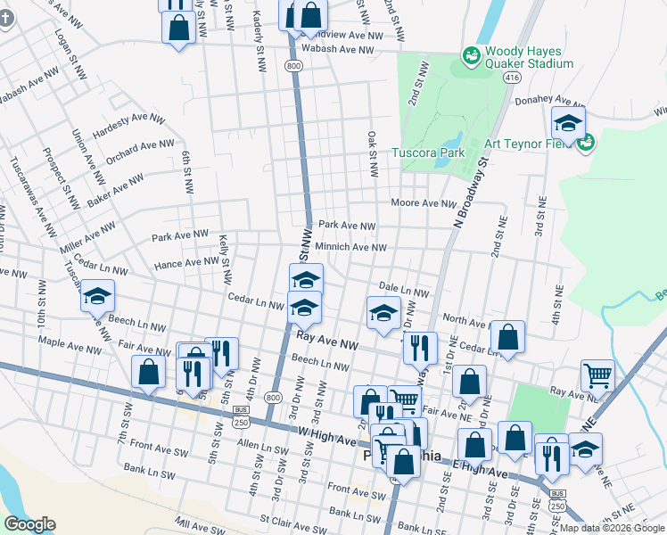 map of restaurants, bars, coffee shops, grocery stores, and more near 450 3rd Street Northwest in New Philadelphia