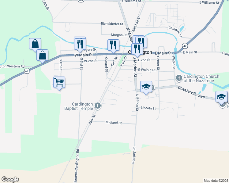 map of restaurants, bars, coffee shops, grocery stores, and more near 400 Park Street in Cardington