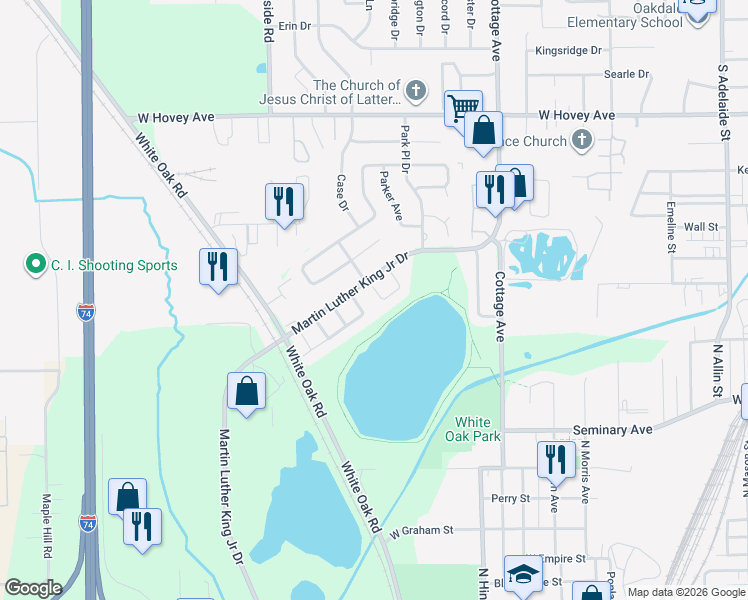 map of restaurants, bars, coffee shops, grocery stores, and more near 4 Lake Ridge Court in Bloomington