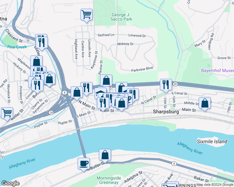 map of restaurants, bars, coffee shops, grocery stores, and more near 312 Church Street in Sharpsburg