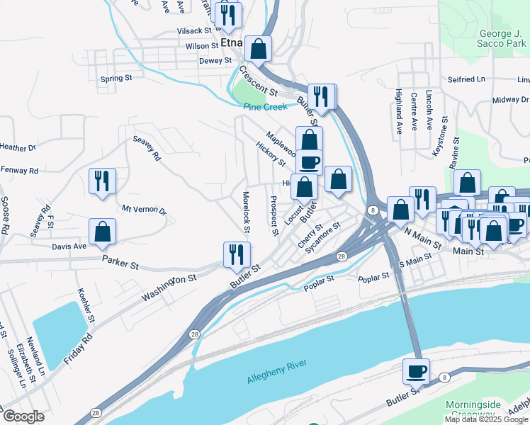 map of restaurants, bars, coffee shops, grocery stores, and more near 27 Vine Street in Etna