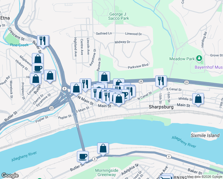 map of restaurants, bars, coffee shops, grocery stores, and more near 908 High Street in Pittsburgh