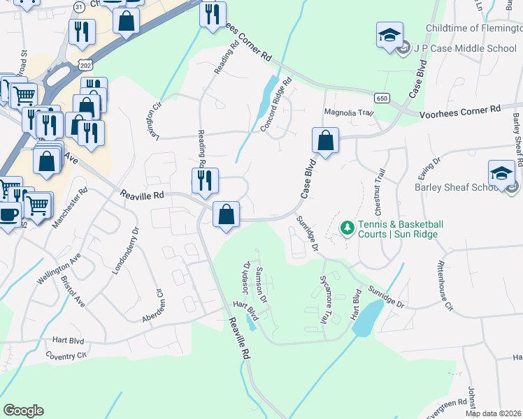 map of restaurants, bars, coffee shops, grocery stores, and more near 23 Krenkel Court in Flemington