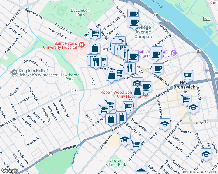 map of restaurants, bars, coffee shops, grocery stores, and more near 16 Hartwell Street in New Brunswick
