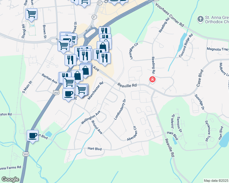 map of restaurants, bars, coffee shops, grocery stores, and more near 9 Chelsea Circle in Flemington