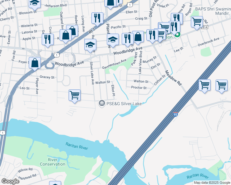 map of restaurants, bars, coffee shops, grocery stores, and more near 55 Elliot Place in Edison