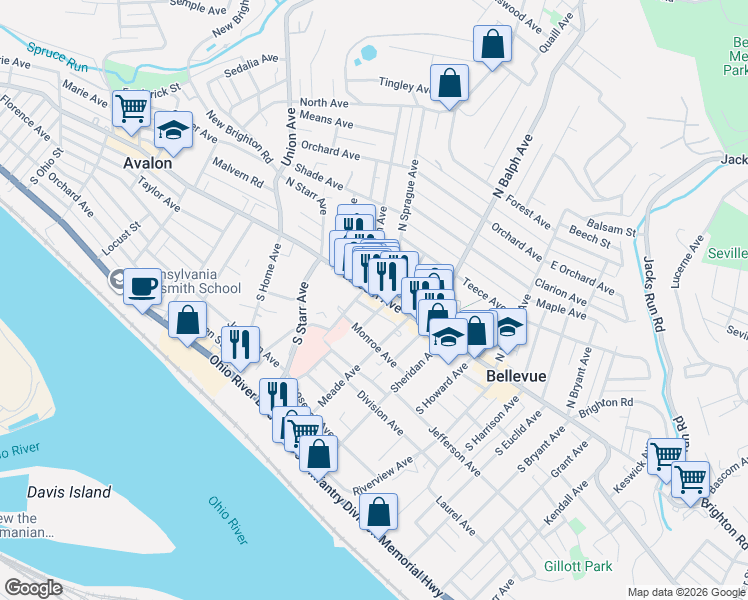 map of restaurants, bars, coffee shops, grocery stores, and more near 565 Lincoln Avenue in Bellevue